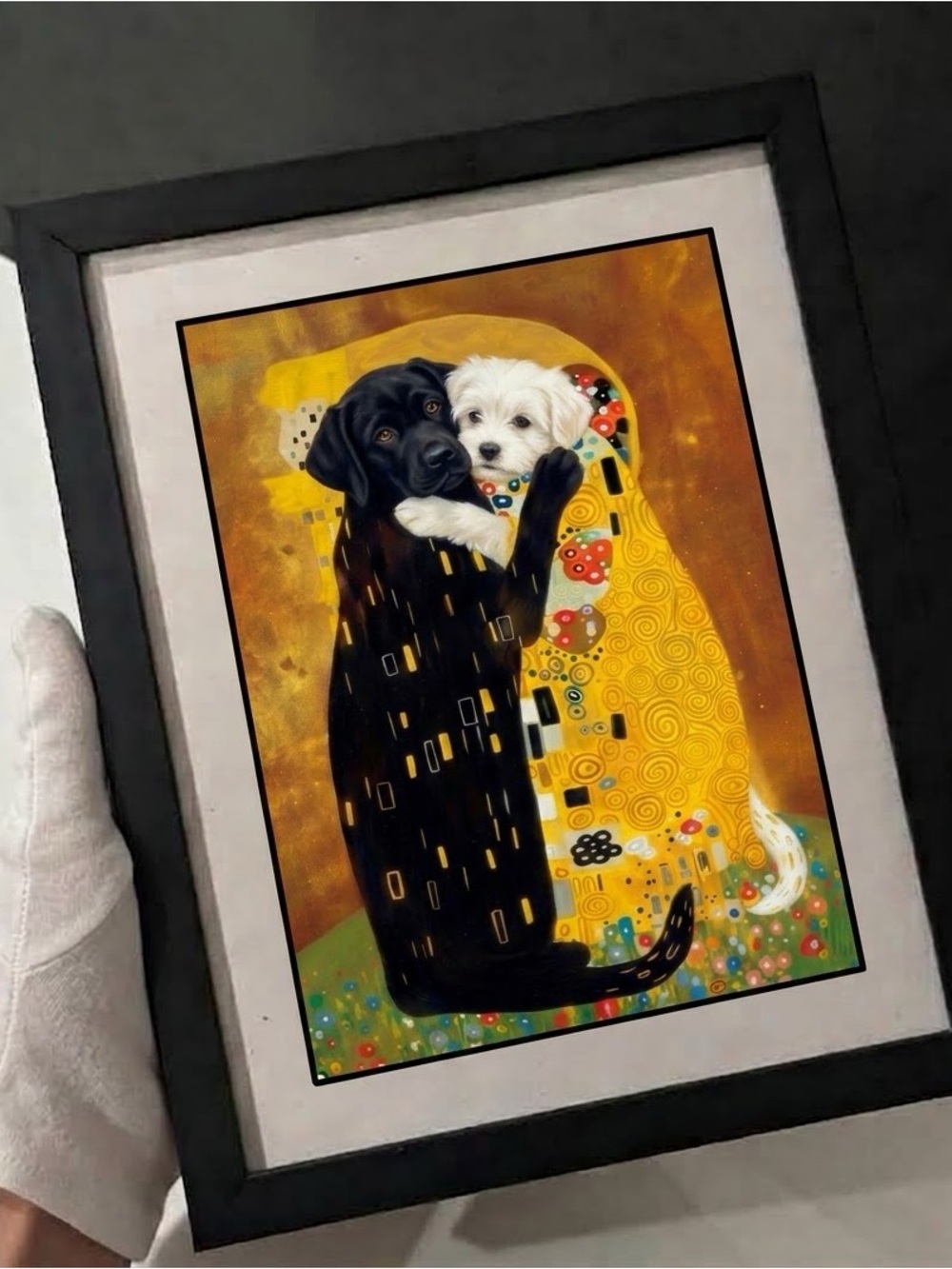 Gustav Klimt-Inspired “The Kiss” Black Lab & White Dog framed print
